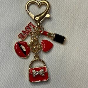 Cute Dangly Purse Charm Red Lipstick Heart Gold Keyring for Zipper or Tote